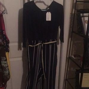 Dark Navy & Yellow Jumpsuit Trimmed In White With Matching Belt